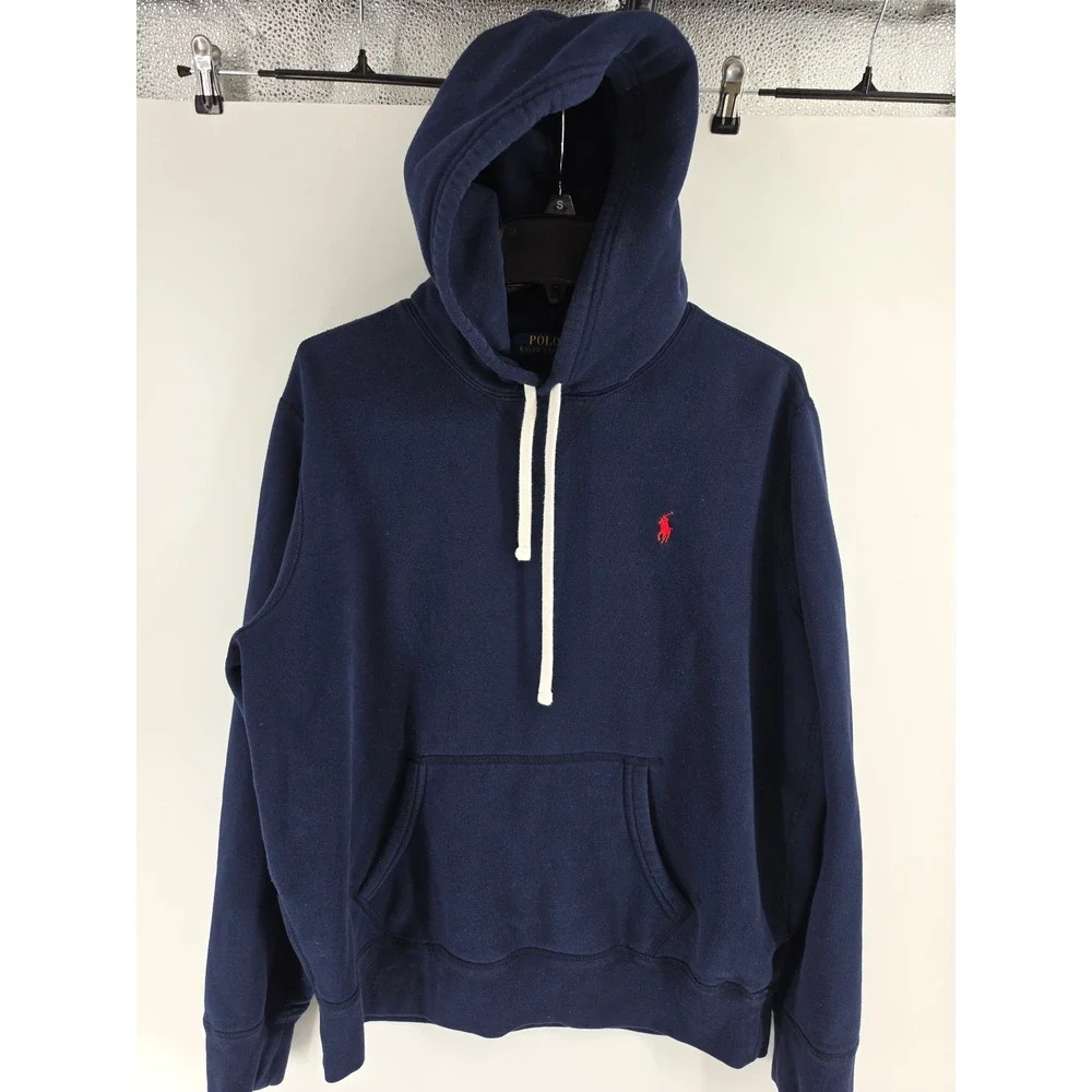 Polo Ralph Lauren Mens Navy Blue Fleece Pullover Hoodie Red Pony Logo Large